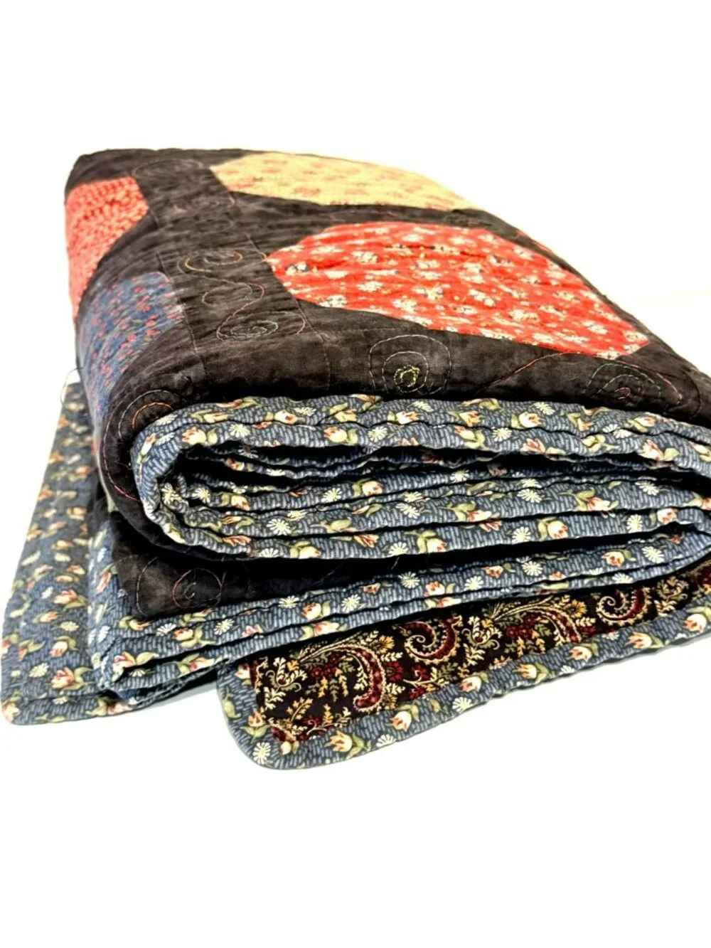 Handmade Patchwork Quilt 88x70 Snowball Floral Geometric Brown Red Blue Vintage